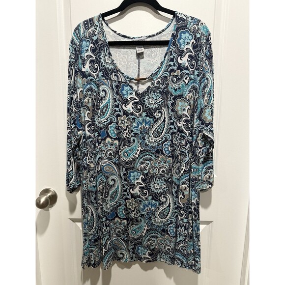 Catherine’s Blue Paisley 2X Dress Long Sleeve Women’s Plus White Teal - Picture 1 of 11